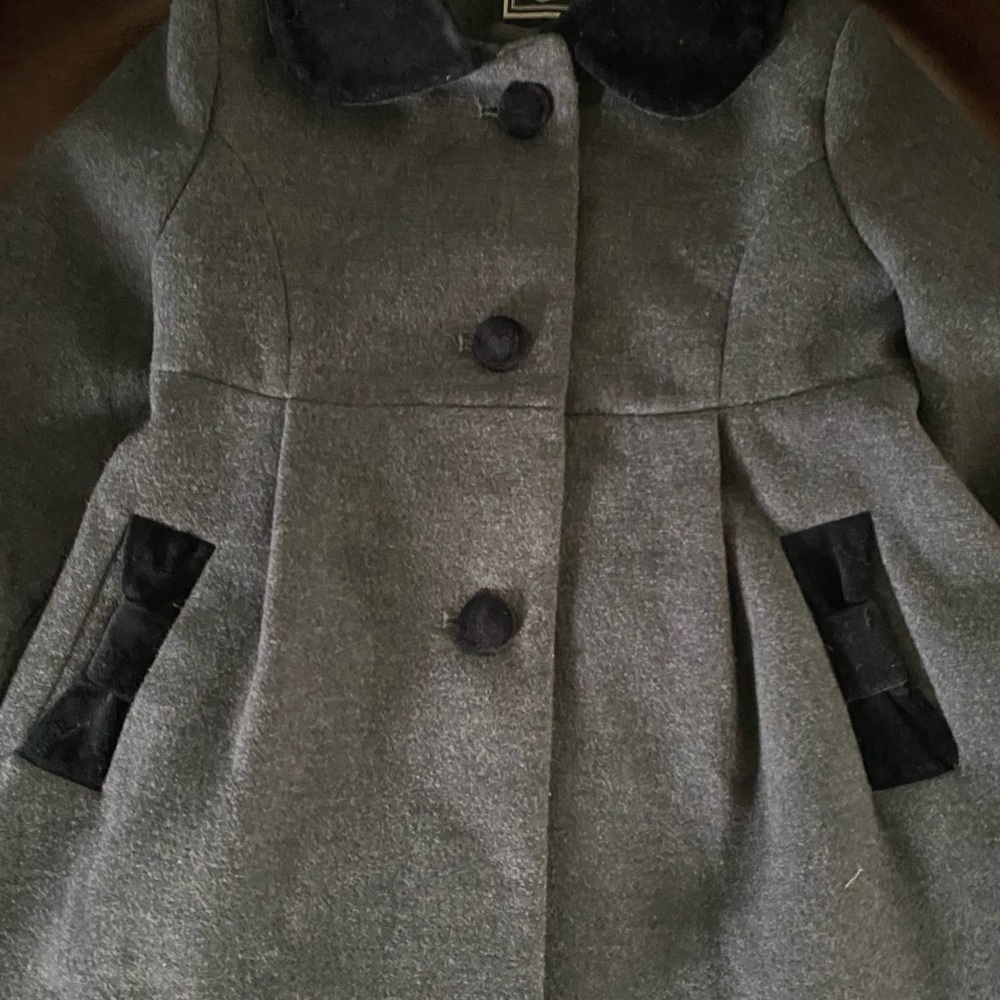 Rothschild Gray Faux Wool Black Velvet Trim Back Bow Adorable Peacoat 2T - Picture 6 of 16